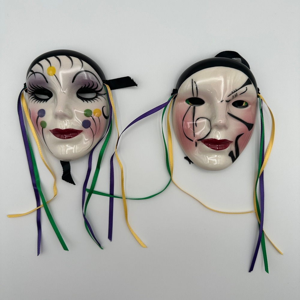 Fancy Faces Mardi Gras Ceramic Masks Set of 2 New Orleans Signed Purple Green
